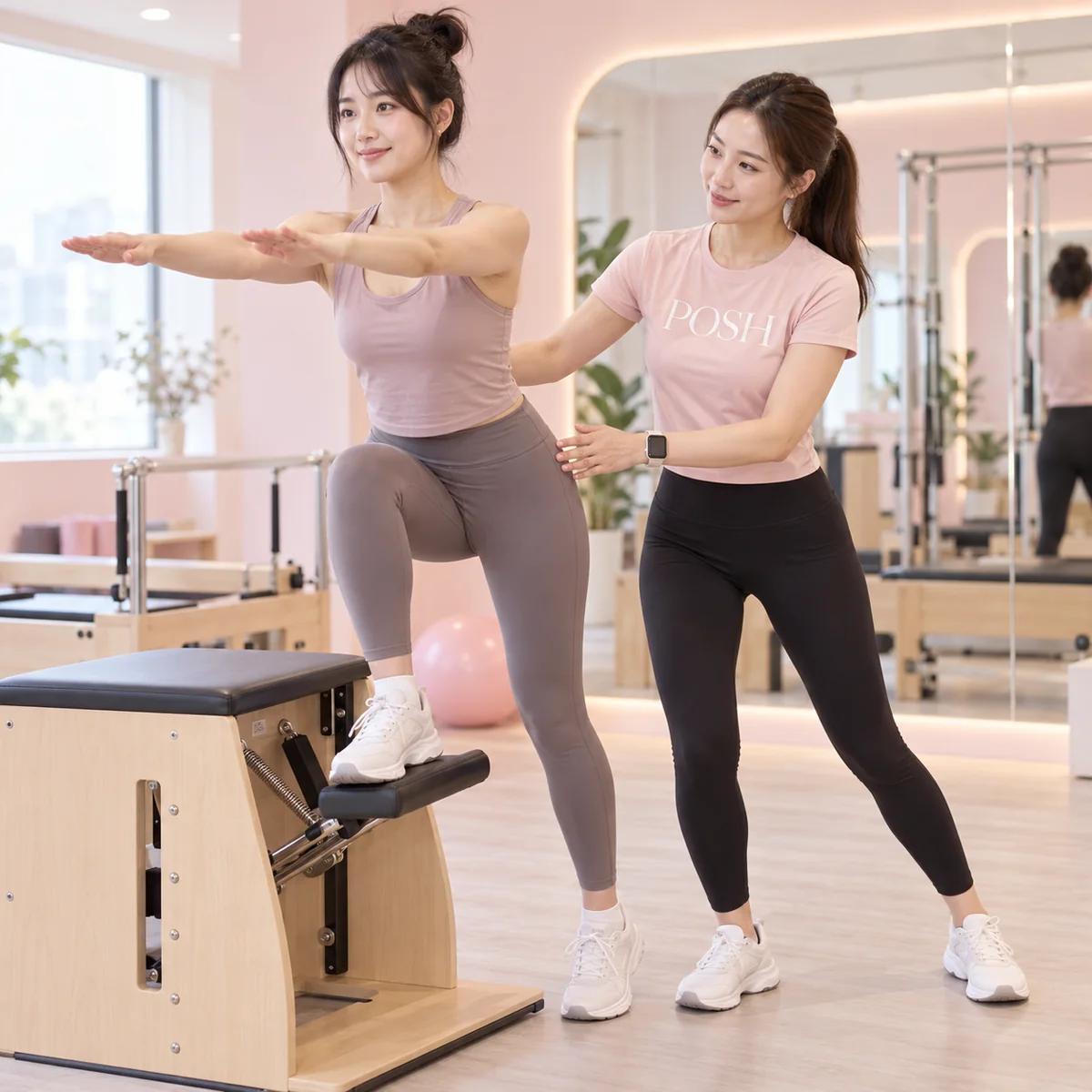 POSH 教練在明亮的女性專屬運動空間陪伴學員伸展