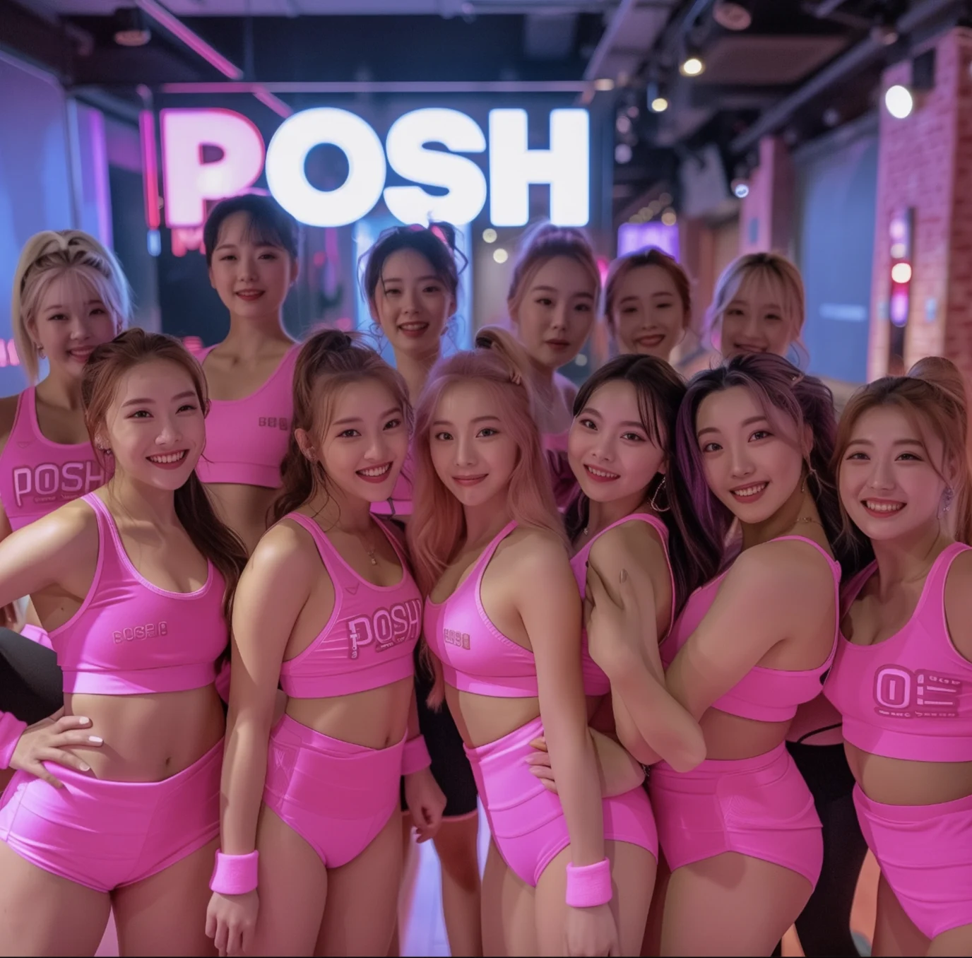 POSH 團隊在 POSH 字樣霓虹燈前合照